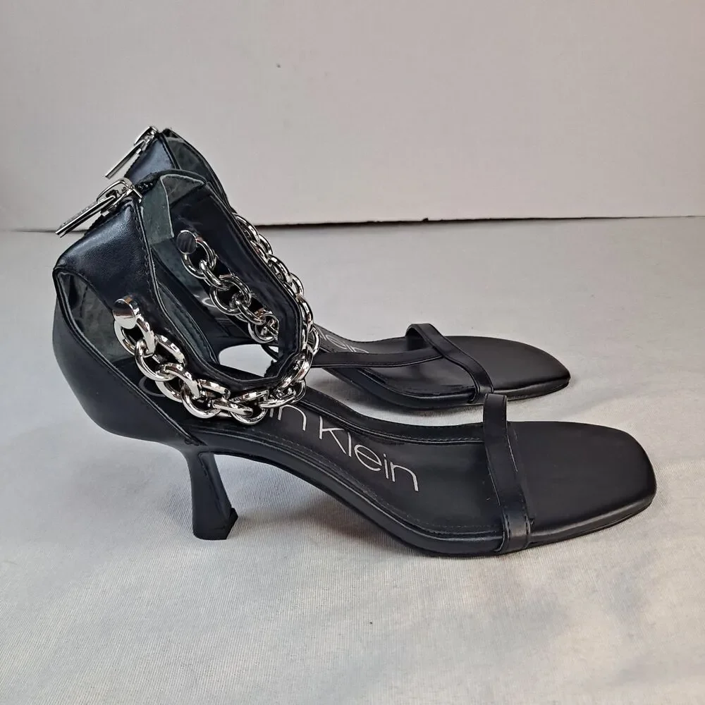 Calvin Klein Women's 6.5M Nova Chain Ankle Strap T Strap High Heel Dress Sandals